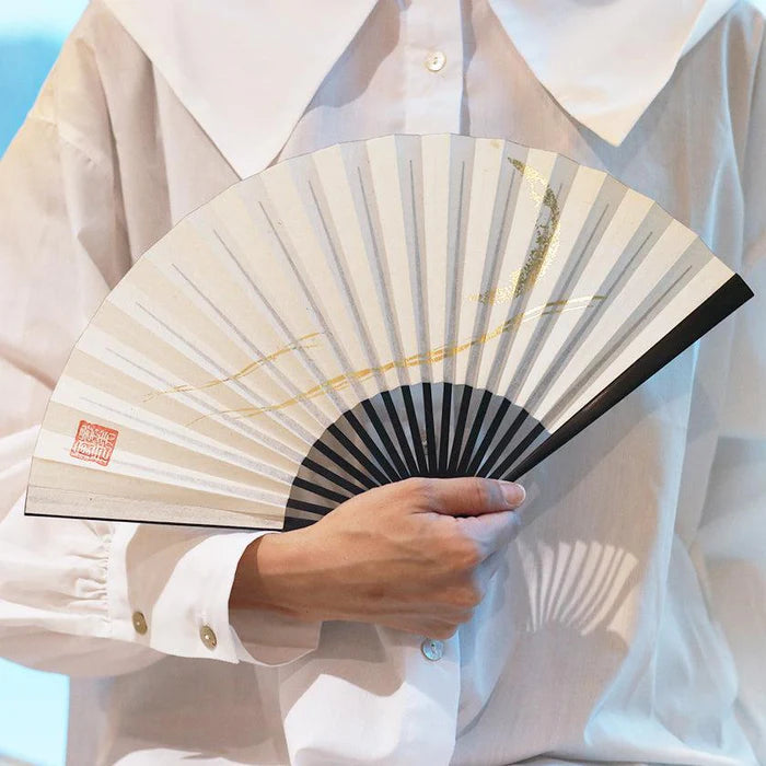 Japanese folding fan, Edo hand fan, karakami fan, washi paper fan, Japanese paper folding fan, gold leaf fan, silver leaf fan, Japanese moon fan, traditional Japanese fan, handmade Japanese fan, KEIBIFUGETSU fan, Unkindo Fukatsu fan, Kyoto folding fan, Japanese cultural gifts, collectible Japanese fan
