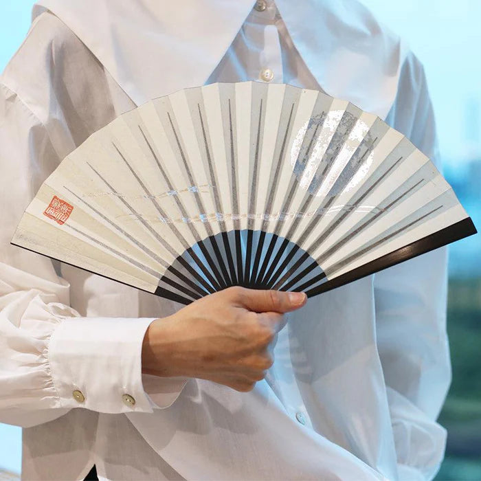 Japanese folding fan, Edo hand fan, karakami fan, washi paper fan, Japanese paper folding fan, gold leaf fan, silver leaf fan, Japanese moon fan, traditional Japanese fan, handmade Japanese fan, KEIBIFUGETSU fan, Unkindo Fukatsu fan, Kyoto folding fan, Japanese cultural gifts, collectible Japanese fan
