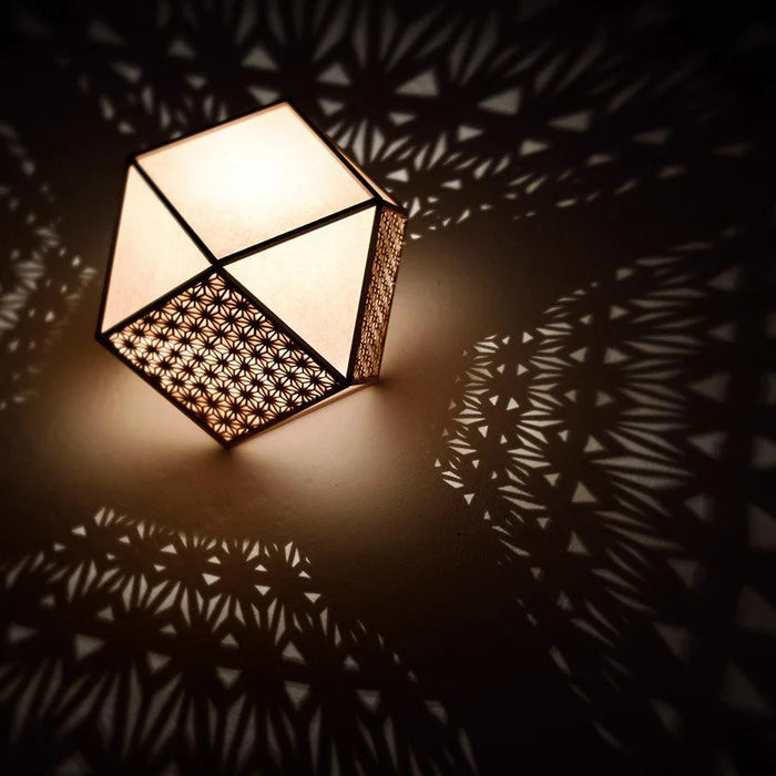 Kiriko lamp, Japanese Kiriko light, Kumiko Kiriko stand light, Japanese cube lamp, wooden Japanese lamp, Hinoki cypress lamp, Japanese lattice lamp, Kyoto handmade lamp, Murayama Mokko lamp, Kyo Sashimono lighting, Shippo pattern lamp, Asanoha hemp leaf lamp, masu square pattern lamp, arabesque Japanese lamp, Suminagashi lamp, flowing water lamp, traditional Japanese wooden lighting, handmade Japanese floor lamp, symbolic Japanese decor