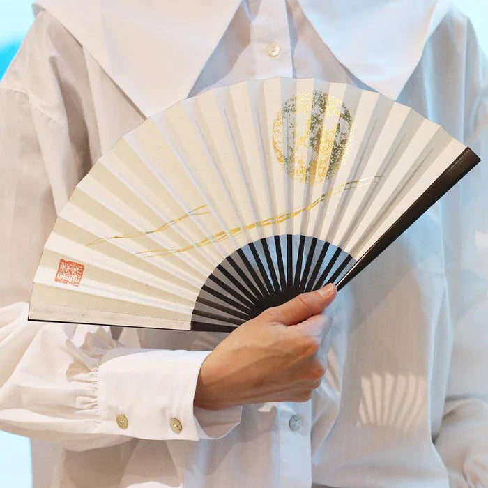 Japanese folding fan, Edo hand fan, karakami fan, washi paper fan, Japanese paper folding fan, gold leaf fan, silver leaf fan, Japanese moon fan, traditional Japanese fan, handmade Japanese fan, KEIBIFUGETSU fan, Unkindo Fukatsu fan, Kyoto folding fan, Japanese cultural gifts, collectible Japanese fan