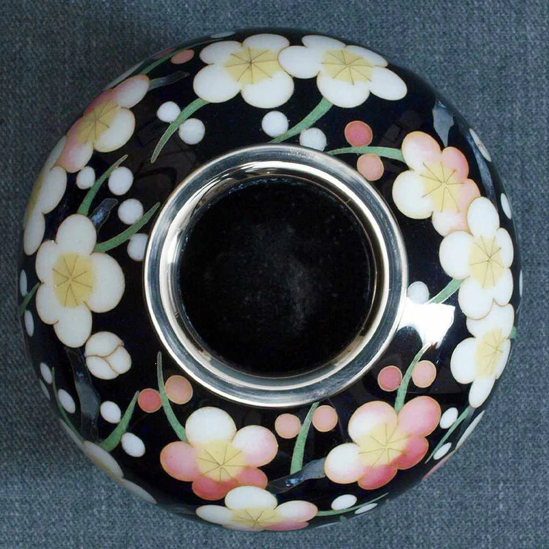 Owari cloisonne vase, Japanese cloisonne art, ume-zume plum blossom vase, Kato Shippo Seisakusyo vase, Japanese enamelware, wired cloisonne vase, Japanese decorative vase, black cloisonne vase, yellow cloisonne vase, Japanese handcrafted vase, plum blossom symbolism Japan, small Japanese art vase, cloisonne collector’s item, Aichi Prefecture artisan vase, traditional Japanese enamel vase