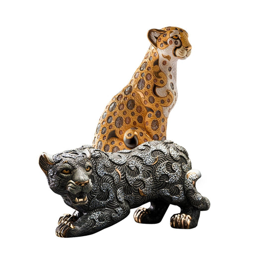 Black panther and cheetah statue set. De Rosa limited edition cat figurines. Elegant ceramic wildcat sculptures. Cheetah home decor collectible. Walking panther with gold detailing. Handmade cheetah and panther art. Luxury feline figurine bundle. Gold and platinum wildcat statues. Artistic animal predator sculpture set. Cheetah and panther ceramic collectibles