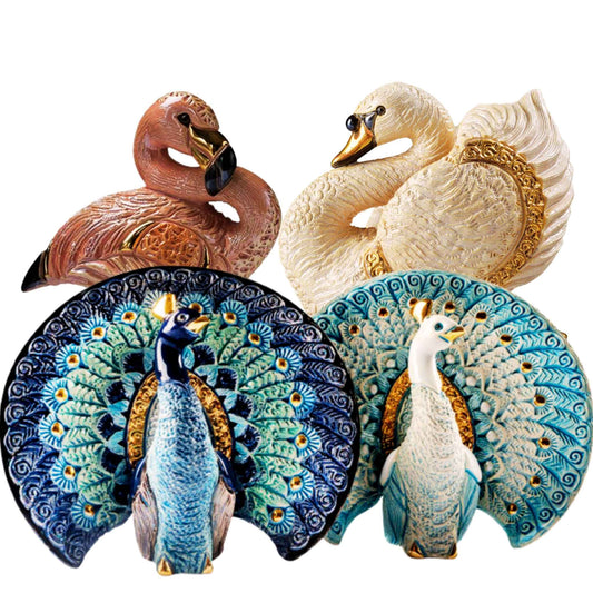 Handmade bird figurine collection. Peacock ceramic statue. Swan porcelain sculpture. Flamingo collectible decor. De Rosa bird sculptures. Elegant avian figurines. Gold-accented bird figurines. Ceramic animal art birds. Tropical bird home decor. Decorative bird gift bundle. White peacock sculpture