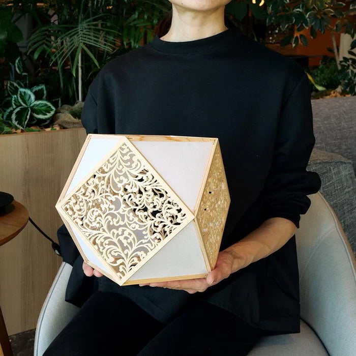Kiriko lamp, Japanese Kiriko light, Kumiko Kiriko stand light, Japanese cube lamp, wooden Japanese lamp, Hinoki cypress lamp, Japanese lattice lamp, Kyoto handmade lamp, Murayama Mokko lamp, Kyo Sashimono lighting, Shippo pattern lamp, Asanoha hemp leaf lamp, masu square pattern lamp, arabesque Japanese lamp, Suminagashi lamp, flowing water lamp, traditional Japanese wooden lighting, handmade Japanese floor lamp, symbolic Japanese decor