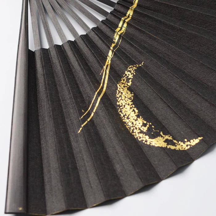 Japanese folding fan, Edo fan, Karakami fan, handmade Japanese fan, washi paper fan, moon motif fan, gold leaf Japanese fan, silver leaf Japanese fan, traditional Japanese hand fan, cultural Japanese gift, Kyoto washi fan, Japanese bamboo fan, Japanese fan with case, paulownia box fan, Japanese seasonal fan