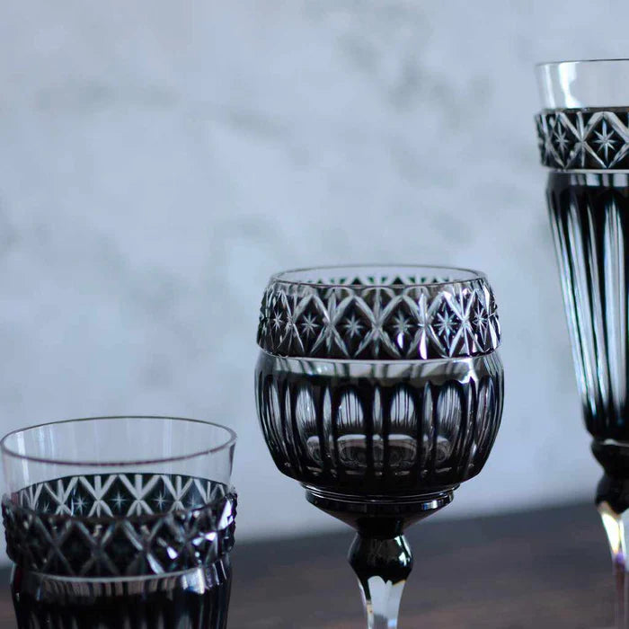 Black Kiriko glass, Satsuma Kiriko glass, Japanese cut glass, Satsuma cut crystal, handmade crystal glass Japan, Kagoshima glassware, Japanese black glass, luxury Japanese glass, artisan crystal glass, traditional Japanese craftsmanship, paulownia box glass, Edo period glass revival, Japanese giftware