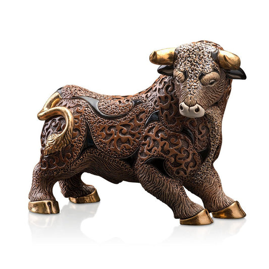 Collectible ceramic sculpture, niche home décor, high-end artisan collectibles, cultural art piece. Artistic sculpture. Perfect for desk, shelf, mantel, or entryway. Limited edition work of fine craftsmanship. Its handcrafted nature and use of precious-metal accents make it suitable for those searching for luxury ceramic figurines, artisan home sculptures, limited edition animal statues, or hand-painted ceramic bull décor.