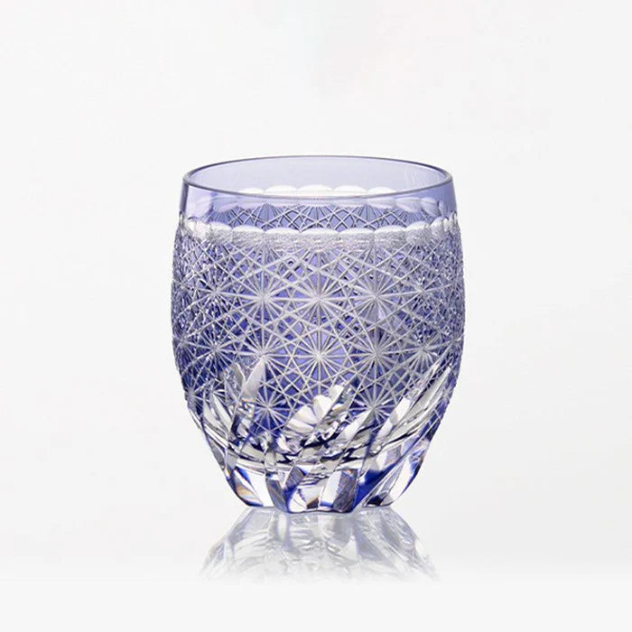 Edo Kiriko Fuuga glass, Hideaki Shinozaki Edo Kiriko, Kagami Crystal rock glass, handmade Japanese cut glass, traditional Japanese tumbler, artisan Edo cut glassware, Edo Kiriko Kagami Crystal, collectible Japanese glass, rounded Edo Kiriko rock glass, Japanese craftsmanship glassware, decorative crystal rock glass