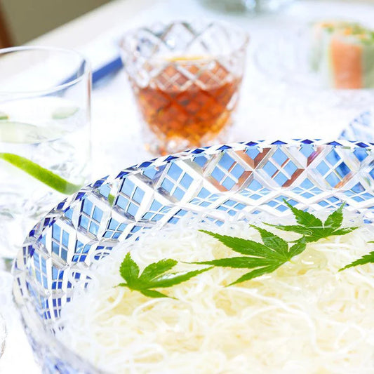Edo Kiriko bowl, Kagami Crystal Edo Kiriko, Japanese cut glass bowl, blue crystal serving bowl, traditional Japanese glassware, layered bamboo fence pattern, yarai-gasane design, Japanese crystal bowl, handmade Edo Kiriko glass, summer dining bowl Japan, somen noodle bowl, Japanese wedding giftware, luxury Japanese tableware, traditional crafts of Japan, Ibaraki Edo Kiriko.