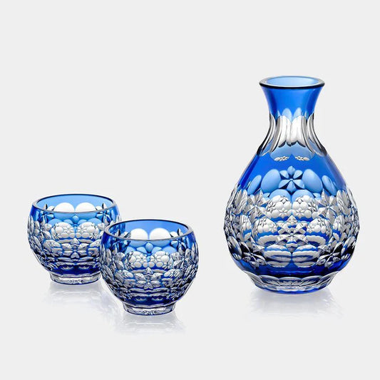 Edo Kiriko carafe set, Kagami Crystal Edo Kiriko, Japanese cut glass sake set, Edo faceted glassware, Hideaki Shinozaki glass, traditional Japanese crystal, Japanese sake carafe and cups, hand-cut Edo Kiriko, blue crystal carafe set, Japanese glass gift set, handmade Japanese drinkware, Edo Kiriko sake set, Kagami crystal carafe, Edo Kiriko master craftsman, Japanese crystal glass set, Edo Kiriko flower design, Tama Mai Edo Kiriko