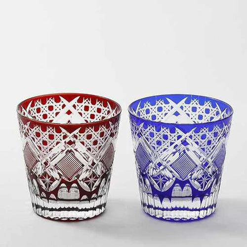 Edo Kiriko glass, Japanese cut glass, Edo cut glass pair, Kimoto glassware, traditional Japanese glassware, Kagome pattern glass, Japanese whiskey glass, Japanese tumbler set, handcrafted glass Tokyo, Edo Kiriko whiskey glasses, Edo Kiriko tumbler, Japanese wedding gift glassware, red and blue glass set, Japanese crystal glassware