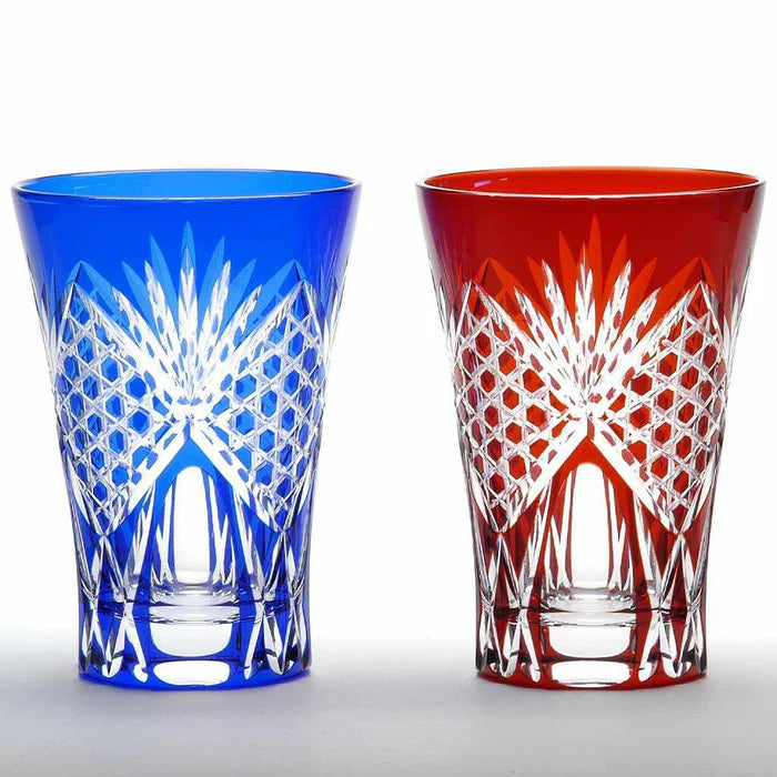 Edo Kiriko glass pair, Japanese cut glass tumblers, handcrafted crystal glasses Japan, red and blue glass pair, traditional Japanese glassware, artisan Edo cut glass, handmade tumblers Tokyo, Kagome lattice Edo Kiriko design, Japanese cultural gift set, luxury crystal glassware Japan, Japanese craftsmanship glass pair, cut crystal drinking glasses, Tokyo artisan glassware, collectible Japanese tumblers, symbolic red and blue Edo Kiriko pair