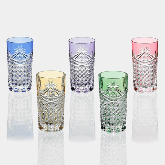 Edo Kiriko glass set, Kagami Crystal tumblers, Japanese cut glass tumblers, Edo Kiriko rocks glasses, handmade Japanese glassware, colored crystal tumblers Japan, Drape & Tetragonal Basket Weave design, Kagome motif glassware, traditional Japanese crystal, artisan Japanese drinkware, Kagami Crystal Edo faceted glass, luxury Japanese glass set