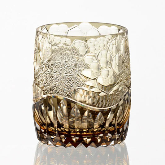 Edo Kiriko rock glass, Kagami Crystal whiskey glass, Tomokazu Noguchi Kiriko, Kasaneirome layered color glass, Japanese cut glass tumbler, Edo cut glass whiskey tumbler, handmade Japanese crystal, traditional Japanese drinkware, kikko pattern glass, chrysanthemum pattern Kiriko, collectible Japanese whiskey glass, Edo Kiriko artisan glass, Ibaraki crystal craftsmanship, Japanese whiskey glassware, luxury Japanese tumbler, Tomokazu Noguchi Edo Kiriko