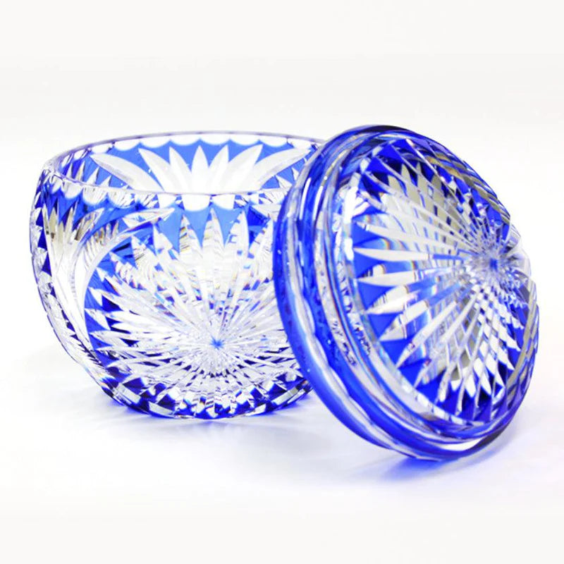 Edo Kiriko trinket box, Japanese crystal box, Kagami Crystal Japan, hand-cut crystal container, chrysanthemum pattern crystal, green cut glass box, cobalt blue cut glass box, Japanese temari ball design, Edo cut glassware Japan, luxury crystal gift, Japanese keepsake box, artisan crystal lidded bowl, collectible Japanese glass art, cultural Japanese gift, hand-carved crystal bowl, Ibaraki Japan glassware, Edo Kiriko decorative box, Japanese heritage crafts, traditional Japanese crystal design