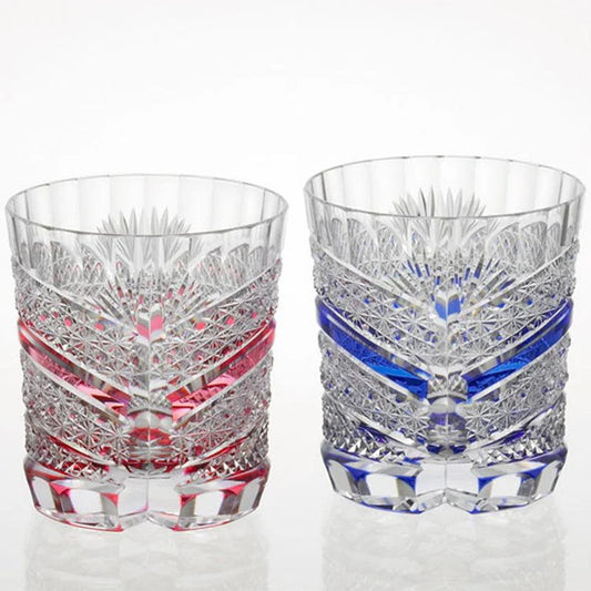 Edo Kiriko tumblers, Kagami Crystal whiskey glasses, Japanese cut glass tumblers, Edo Kiriko drinking glasses, red and blue crystal tumblers, Japanese whiskey glass set, handcrafted Edo Kiriko tumblers, traditional Japanese crystal glassware, Kiku Kagome glass, Nanako pattern glass, auspicious Japanese patterns, Edo Kiriko tumbler pair, handmade Japanese gift set, Edo Kiriko Kagami Crystal, Japanese whiskey tumbler pair