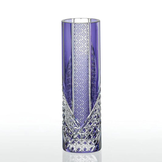 Edo Kiriko vase, Kagami Crystal vase, Japanese cut glass vase, purple crystal vase, hemp leaf pattern vase, square basket weave vase, Japanese artisan vase, traditional Japanese glassware, Edo Kiriko single flower vase, luxury Japanese vase, tall crystal flower vase, Edo purple vase, handmade Japanese vase, Japanese gift vase, cultural heritage crystal vase.