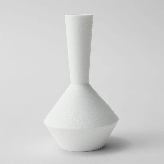Foo Tokyo porcelain vase, Japanese porcelain flower vase, Mino Gifu handcrafted vase, acanthus motif vase, karakusa pattern vase, gray porcelain vase Japan, white porcelain vase Japan, modern Japanese home decor, single flower porcelain vase, minimalist Japanese vase, artisan handmade porcelain vase, symbolic Japanese ceramic, contemporary Japanese pottery