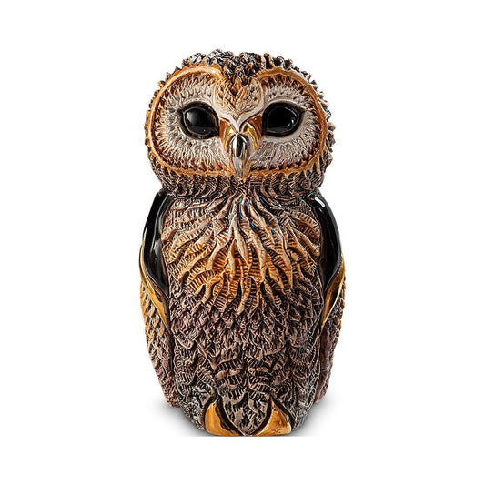 Hand-carved African Cape Owl figurine, 11.5×7×8 cm, with platinum and gold accents and vivid enamel glaze. Symbolic owl sculpture featuring fine feather detailing and artisanal craftsmanship. Wisdom owl gift sculpture. Small carved owl art piece.