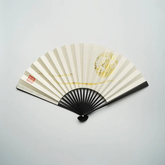 Japanese folding fan, Edo hand fan, karakami fan, washi paper fan, Japanese paper folding fan, gold leaf fan, silver leaf fan, Japanese moon fan, traditional Japanese fan, handmade Japanese fan, KEIBIFUGETSU fan, Unkindo Fukatsu fan, Kyoto folding fan, Japanese cultural gifts, collectible Japanese fan