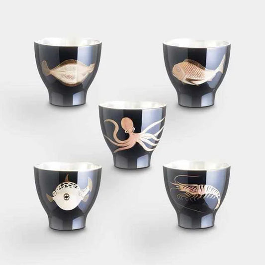 Japanese sake cup set, seafood sake cups, Wajima lacquer sake cups, Osaka Naniwa pewter ware, tin sake cup, vermilion sake cup, black sake cup, Japanese sake ware, octopus sake cup, pufferfish sake cup, sea bream sake cup, shrimp sake cup, flatfish sake cup, handcrafted Japanese drinkware, paulownia box sake set, artisan sake cups Japan, symbolic sake cups