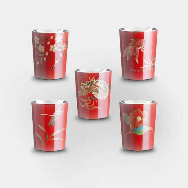 Japanese sake cups, Wajima lacquerware, Osaka Naniwa pewter ware, tin sake cup set, traditional Japanese drinkware, handcrafted sake cups, cherry blossom sake cup, camellia flower cup, goldfish design sake cup, dragonfly sake ware, Japanese dragon cup, vermilion lacquer sake cups, black lacquer sake cups, Japanese giftware, artisanal Japanese cups, tin lacquer sake set, sake cup symbolism, made in Japan sake cups, Osaka Suzuki crafts
