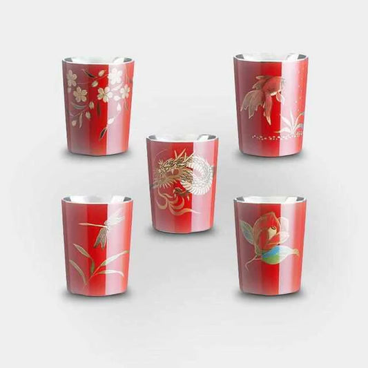 Japanese sake cups, Wajima lacquerware, Osaka Naniwa pewter ware, tin sake cup set, traditional Japanese drinkware, handcrafted sake cups, cherry blossom sake cup, camellia flower cup, goldfish design sake cup, dragonfly sake ware, Japanese dragon cup, vermilion lacquer sake cups, black lacquer sake cups, Japanese giftware, artisanal Japanese cups, tin lacquer sake set, sake cup symbolism, made in Japan sake cups, Osaka Suzuki crafts