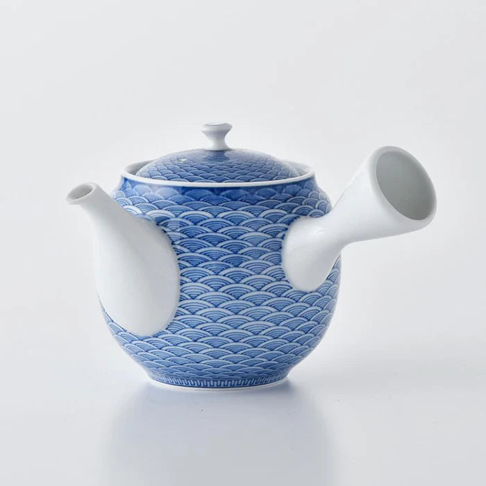 Japanese tea set, Kyusu teapot set, Mikawachi ware porcelain, Hirado Shozan tea set, Seigaiha tea set, Japanese Sencha cups, traditional Japanese porcelain, blue and white Japanese teapot, handmade Japanese tea set, Japanese porcelain tea cups, Nagasaki Mikawachi ware, Seigaiha wave pattern tea set, Japanese Kyusu with strainer, authentic Japanese tea ware