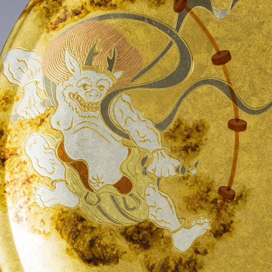 Kanazawa gold leaf plate, Fujin Raijin art, Japanese decorative plate, Hakuichi gold leaf craft, Wind God Thunder God plate, Japanese lacquerware art, handmade gold leaf ornament, traditional Japanese wall plate, Kanazawa foil craft, gold leaf home décor, Japanese art collectibles, gold leaf cultural ornament, handmade Japanese plate, luxury Japanese display plate