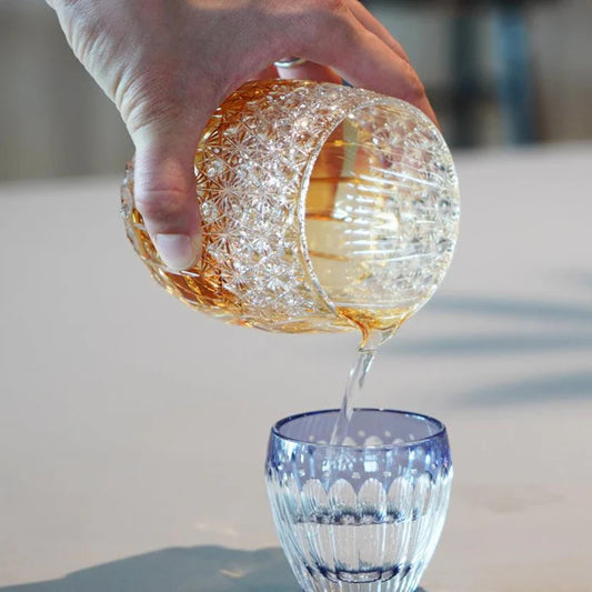 Katakuchi Fuka Dazzling Wind, Edo Kiriko crystal vessel, Japanese cut glass jug, hand-cut crystal pitcher Japan, Kagami Crystal Edo Kiriko, Junichi Nabetani glass, chrysanthemum motif glassware, Japanese katakuchi crystal, artisan crystal vessel Japan, traditional Edo Kiriko patterns, Japanese chrysanthemum cut glass, handmade crystal pourer, Edo cut glassware Japan, collectible Japanese crystal