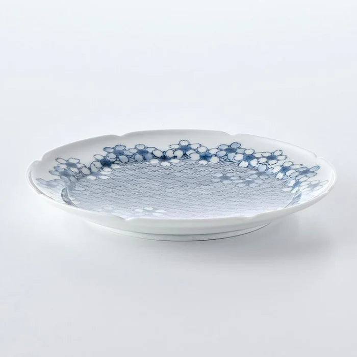 Mikawachi ware porcelain plate, Hirado Shouzan porcelain, Japanese cherry blossom plate, elephant design porcelain, blue and white Japanese plate, Japanese ocean wave pattern dish, Mikawachi large plate set, traditional Japanese porcelain, Japanese symbolic dinnerware, handmade Japanese porcelain gift, Nagasaki porcelain plates, sakura and elephant plate set, Japanese auspicious porcelain, collectible Japanese dish set