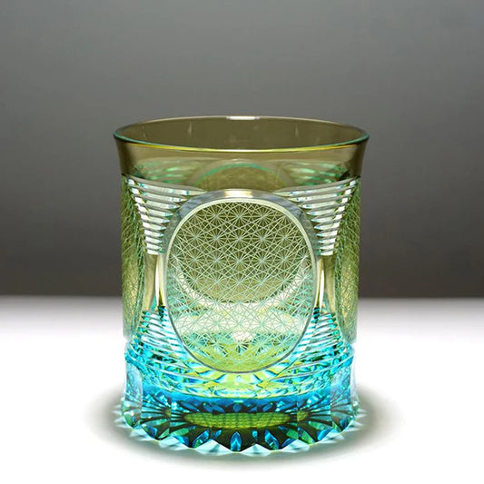 Nichi Rin Kiriko glass, Japanese rocks glass, hand-cut Kiriko glassware, Tokyo artisan glass, sun and moon motif glass, Japanese crystal tumbler, Rinzen Kiriko glass, symbolic Japanese glassware, hand-polished soda glass, collectible Japanese cut glass, traditional Kiriko design, Japanese sunburst motif glass, Edo-style Kiriko brilliance
