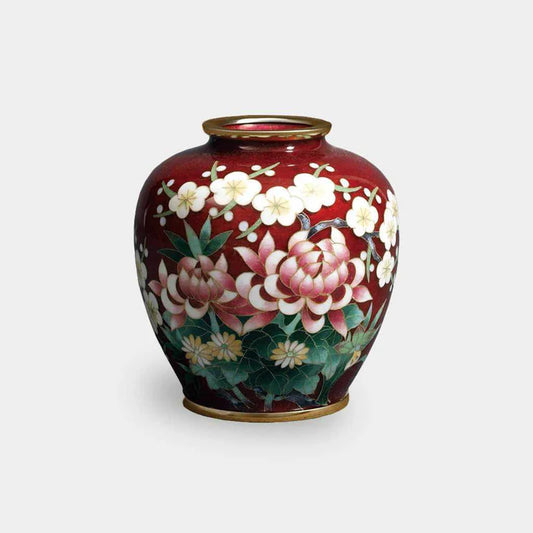 Owari Cloisonné vase, Japanese cloisonné enamel, Four Gentlemen motif vase, chrysanthemum orchid plum bamboo vase, traditional Japanese enamelware, red cloisonné vase, small Japanese vase, Song dynasty inspired vase, Japanese floral symbolism, collectible cloisonné art, handmade Japanese enamel vase, Japanese gift décor, shippo-yaki vase, cloisonné pottery Japan