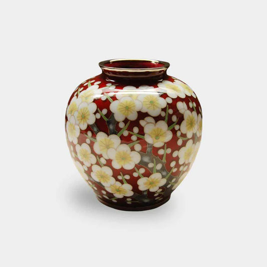 Owari cloisonne vase, Japanese cloisonne plum blossom, red cloisonne enamel vase, Kato Shippo vase, Japanese enamel art, plum blossom decorative vase, wired cloisonne Meiji style, handcrafted Japanese cloisonne, small Japanese collectible vase, Aichi cloisonne craft, traditional Japanese plum design, spherical cloisonne vase, luxury Japanese home decor, enamel art vase Japan, wired enamel plum vase.