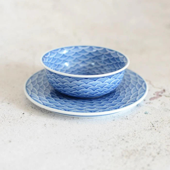 Seigaiha teapot set, Japanese porcelain tea set, Mikawachi ware tea set, Hirado Shozan porcelain, Japanese wave pattern cups, blue and white porcelain Japan, traditional Japanese tea set, Seigaiha motif pottery, Nagasaki porcelain ware, hand-painted Japanese ceramics, Hirado teapot and cup set, ocean wave design porcelain, Japanese gift tea set, artisanal porcelain Japan