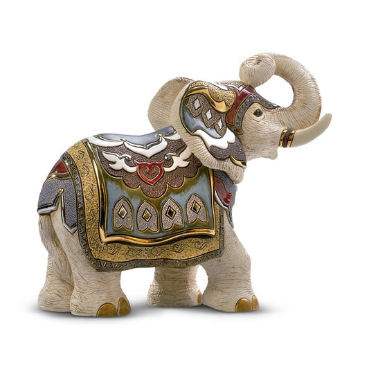 White ceramic elephant figurine with gold and red accents, hand‑painted, 30×28 cm, Indian symbolic art décor. Hand‑painted white elephant ceramic figurine (30×28 cm), limited to 1,000. Symbol of purity, wisdom & cultural elegance in home decor.