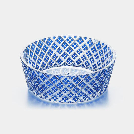 Edo Kiriko bowl, Kagami Crystal Edo Kiriko, Japanese cut glass bowl, blue crystal serving bowl, traditional Japanese glassware, layered bamboo fence pattern, yarai-gasane design, Japanese crystal bowl, handmade Edo Kiriko glass, summer dining bowl Japan, somen noodle bowl, Japanese wedding giftware, luxury Japanese tableware, traditional crafts of Japan, Ibaraki Edo Kiriko.