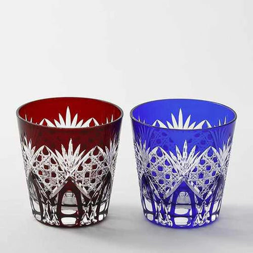 Edo Kiriko glass pair, Star Anise tumbler set, Kimoto Glassware Japan, Edo cut glass Tokyo, Japanese traditional cut glass, Kagome basket weave glass, octagonal lattice glassware, Japanese red and blue glass set, Edo Kiriko gift set, handcrafted Japanese glass pair, cultural Japanese drinkware, luxury Edo cut tumblers, symbolic Japanese glassware