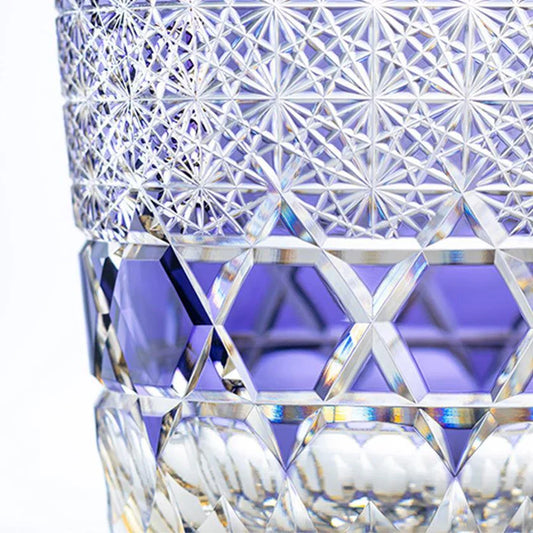 Edo Kiriko rock glass, Kagami Crystal Japan, Tomokazu Noguchi glass, Japanese cut glass whiskey tumbler, tortoise shell pattern glass, kiku tsunagi chrysanthemum glass, Kasane-Irome layered color crystal, handmade Japanese whiskey glass, luxury sake cup Japan, Japanese artisan barware, Edo Kiriko drinking glass, traditional Japanese whiskey tumbler, Ibaraki crystal glassware, symbolic Japanese gift, Edo Kiriko collector’s piece