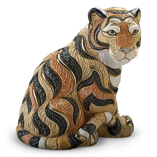 Hand‑Carved Tiger Figurine. Sitting Tiger Animal Sculpture. Artisan Wildlife ceramic Carving. Gold & Platinum Accent Tiger Statue. Symbolic Power Animal Figure. Rustic Tiger Home Décor Piece. Compact Office Desk Wildlife Art. Uruguay Hand‑Painted Animal Statuette. Courage Symbol Animal Sculpture. Tiger Gift Boxed Art Piece.