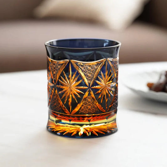 Japanese Kiriko rocks glass, Ginwan no Hana glass, Edo Kiriko drinking glass, traditional Japanese cut glass, purple Kiriko glass, blue and orange Kiriko glass, hand-cut Japanese glassware, chrysanthemum motif glass Japan, Tokyo artisan glass, Japanese starburst glass design, collectible Kiriko tumbler, handmade soda glass Japan, luxury Japanese cut glass, Japanese cultural gift glass, Edo Kiriko chrysanthemum cut glass