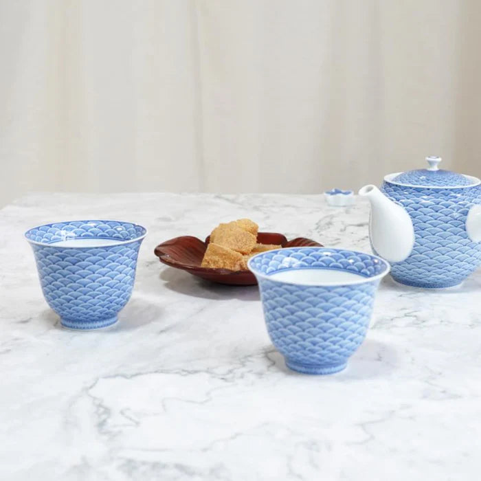 Japanese tea set, Kyusu teapot set, Mikawachi ware porcelain, Hirado Shozan tea set, Seigaiha tea set, Japanese Sencha cups, traditional Japanese porcelain, blue and white Japanese teapot, handmade Japanese tea set, Japanese porcelain tea cups, Nagasaki Mikawachi ware, Seigaiha wave pattern tea set, Japanese Kyusu with strainer, authentic Japanese tea ware