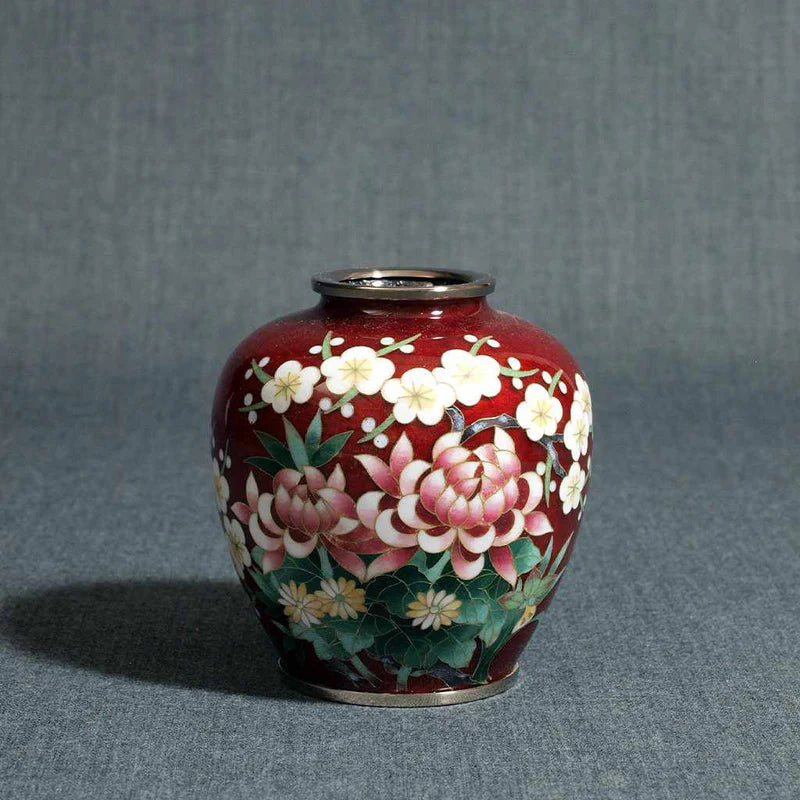 Owari Cloisonné vase, Japanese cloisonné enamel, Four Gentlemen motif vase, chrysanthemum orchid plum bamboo vase, traditional Japanese enamelware, red cloisonné vase, small Japanese vase, Song dynasty inspired vase, Japanese floral symbolism, collectible cloisonné art, handmade Japanese enamel vase, Japanese gift décor, shippo-yaki vase, cloisonné pottery Japan
