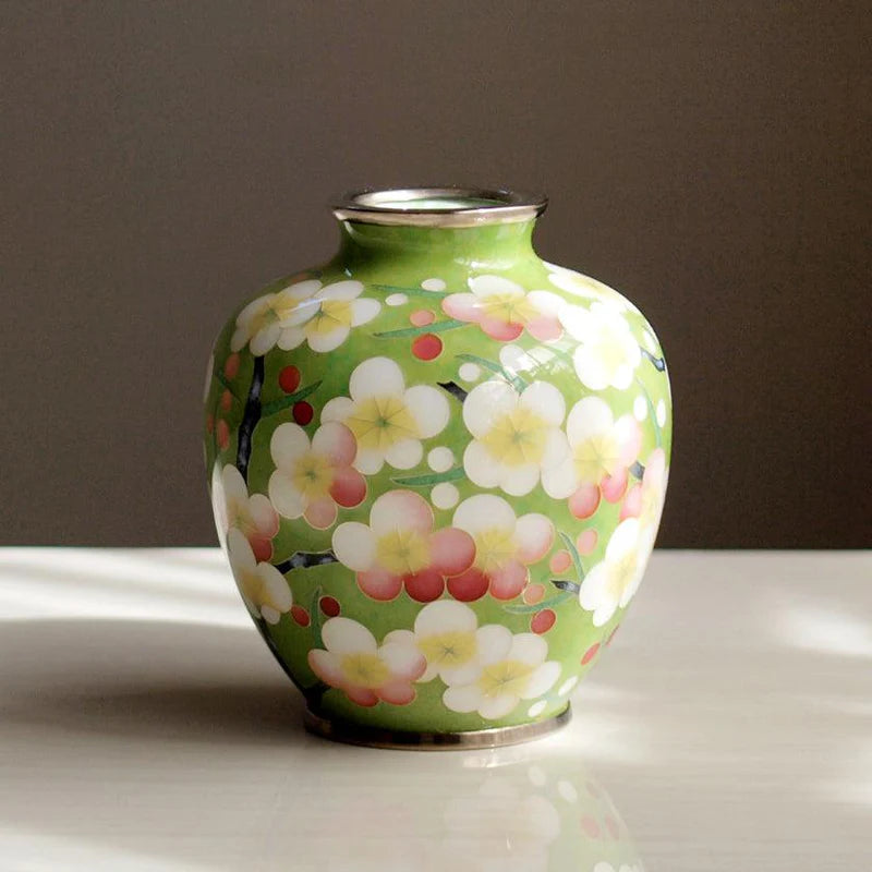 Owari cloisonne vase, Japanese cloisonne art, ume-zume plum blossom vase, Kato Shippo Seisakusyo vase, Japanese enamelware, wired cloisonne vase, Japanese decorative vase, black cloisonne vase, yellow cloisonne vase, Japanese handcrafted vase, plum blossom symbolism Japan, small Japanese art vase, cloisonne collector’s item, Aichi Prefecture artisan vase, traditional Japanese enamel vase