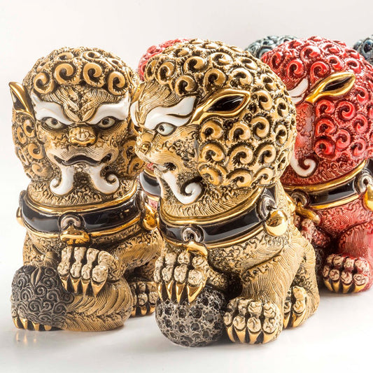 Pair of ceramic Foo Lions hand-carved, soft earthy tones. Detailed mane and poised stances, Chinese feng shui. Lion set for home, office, entryway décor. Hand‑Carved Foo Dog Statue. Lion Figurine. Foo Lion Sculptures. Lion Table Décor