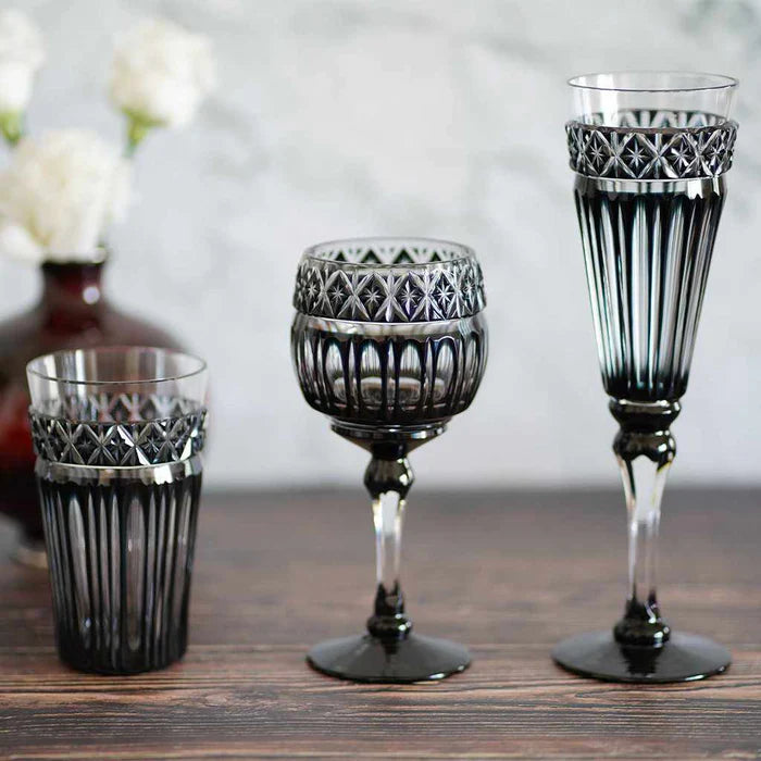 Black Kiriko glass, Satsuma Kiriko glass, Japanese cut glass, Satsuma cut crystal, handmade crystal glass Japan, Kagoshima glassware, Japanese black glass, luxury Japanese glass, artisan crystal glass, traditional Japanese craftsmanship, paulownia box glass, Edo period glass revival, Japanese giftware
