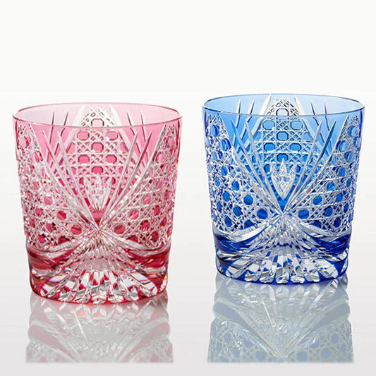 Edo Kiriko glass, Kagami Crystal Edo glass, Japanese cut glass set, red and blue crystal glasses, traditional Japanese glassware, handmade crystal Japan, Edo Kiriko rocks glass, Edo Kiriko wine glass, Kagome lattice glass, Japanese gift glassware, Edo Kiriko crystal pair, Japanese artisan crystal, wedding gift Japanese glass, decorative crystal glassware, Japanese luxury tableware