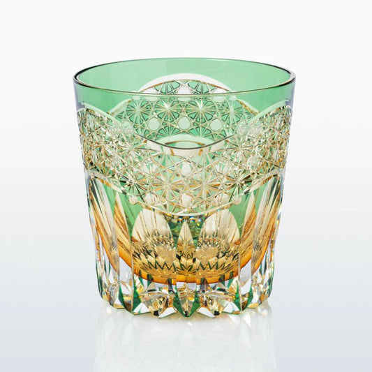 Edo Kiriko glass, Kagami Crystal Kasaneirome Gyoko, Japanese cut glass green crystal, morning light Edo Kiriko tumbler, Satoshi Nabetani glass design, handcrafted Japanese crystalware, traditional Edo cut glass Japan, Kasaneirome layered color technique, Japanese luxury crystal glass, symbolic Japanese glassware, collectible Edo Kiriko art glass, green gold crystal tumbler Japan