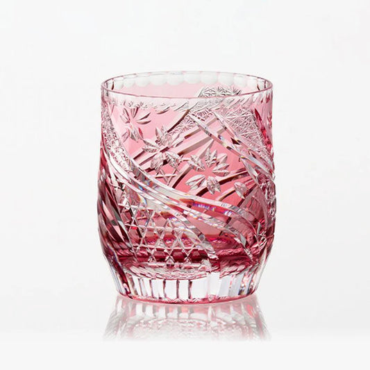 Edo Kiriko whiskey glasses, Sakura Nagare glass, Kagami Crystal Japan, Japanese cherry blossom glass, red and blue whiskey tumblers, Edo cut glass pair, handcrafted Japanese glassware, whiskey glass Edo Kiriko, sake glass Japan, Kagome cut pattern, Kiku Tsunagi design, Japanese crystal barware, cherry blossom whiskey glass set, luxury Japanese drinkware