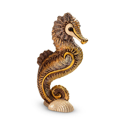 Handcrafted ceramic seahorse figurine with platinum and gold accents, 8×5×14 cm handmade in Uruguay, vibrant enamel glaze details; unique artisanal marine sculpture for coastal décor, gift boxed with authenticity certificate, ideal for collectors and nautical interiors.